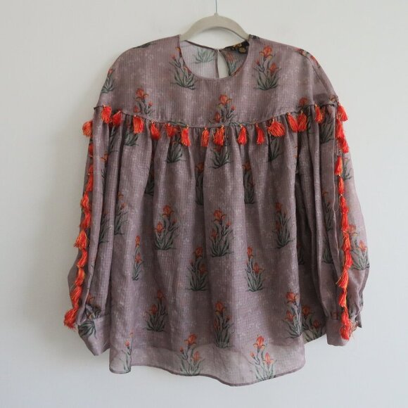 SACHIN + BABI Acacia Floral Tasseled Sheer Boho Blouse - Size S - Picture 3 of 16